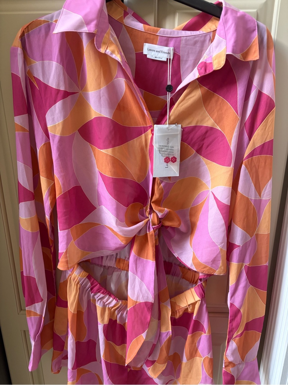 Lovers + Friends Pink, Orange & Light Pink Abstract Tie-Front jumpsuit short